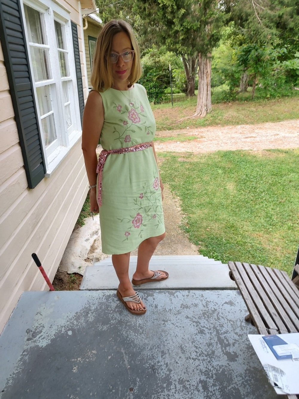 Dress barn linen blend shift dress with vibrant floral embroidered design.